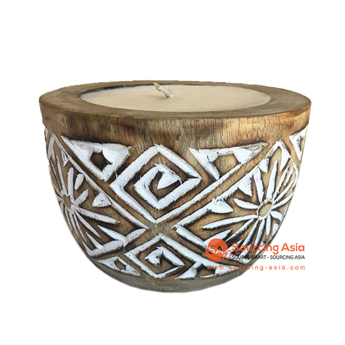 SHL060-8 WHITE WASH WOODEN TRIBAL CARVED CANDLE HOLDER WITH CANDLE