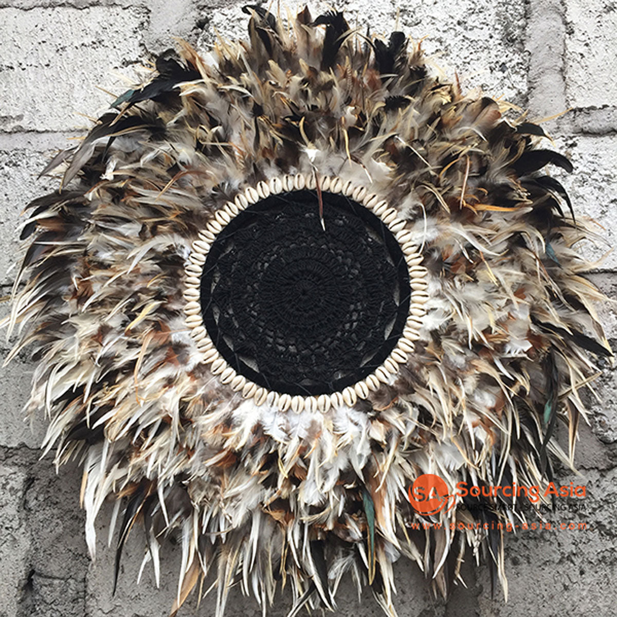 SHL076-1 MIX FEATHER AND BLACK MACRAME JUJU WALL DECORATION