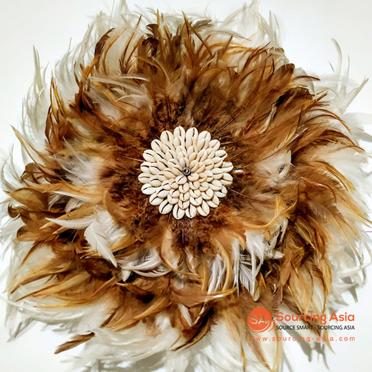 SHL076-4 BROWN AND WHITE FEATHER WITH SHELL JUJU WALL DECORATION