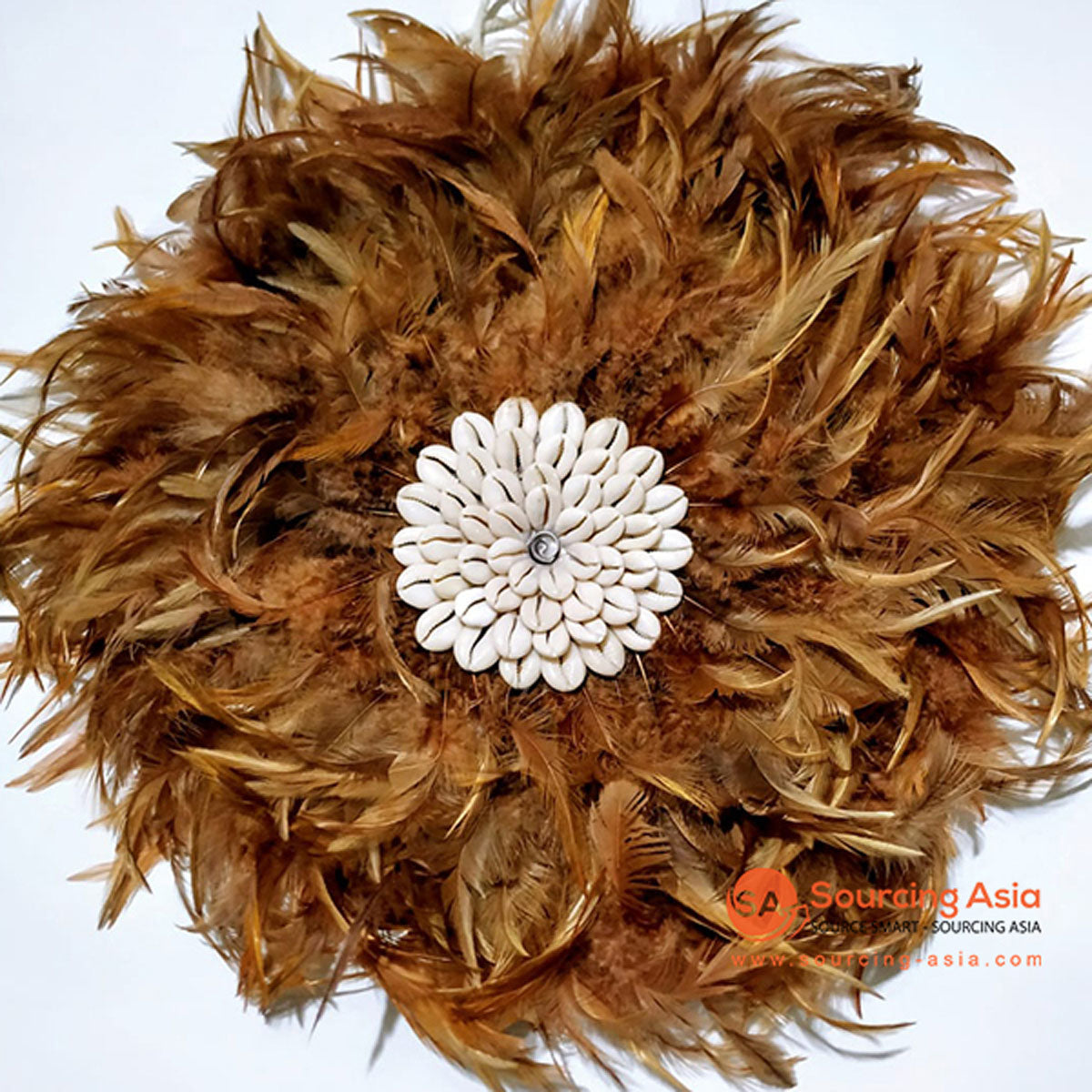 SHL076-5 BROWN FEATHER AND WHITE SHELL JUJU WALL DECORATION