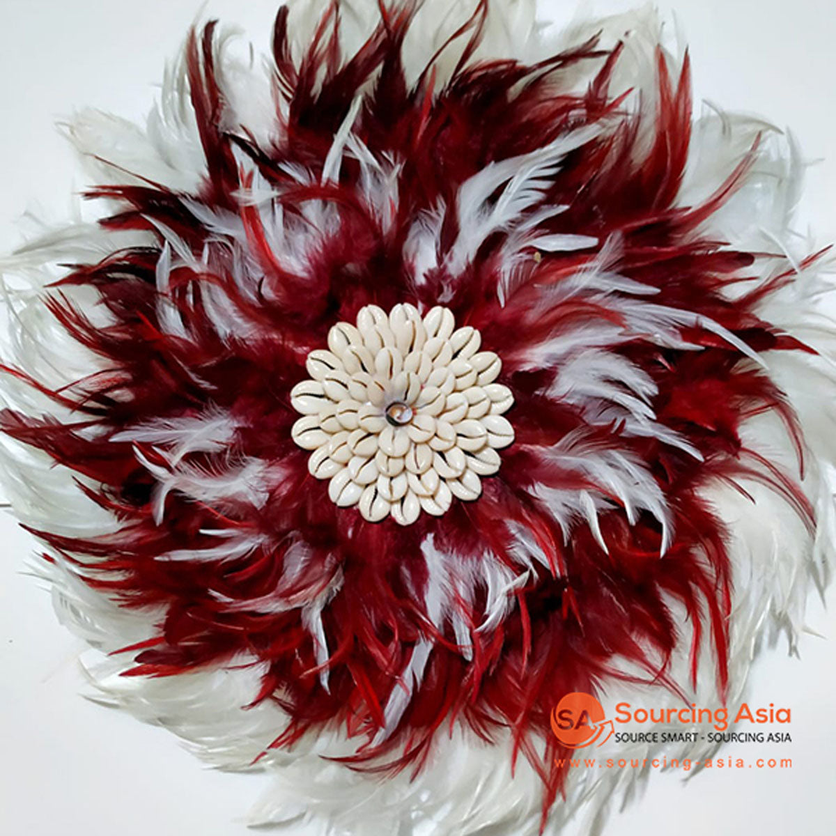 SHL076-6 WHITE AND RED FEATHER WITH WHITE SHELL JUJU WALL DECORATION