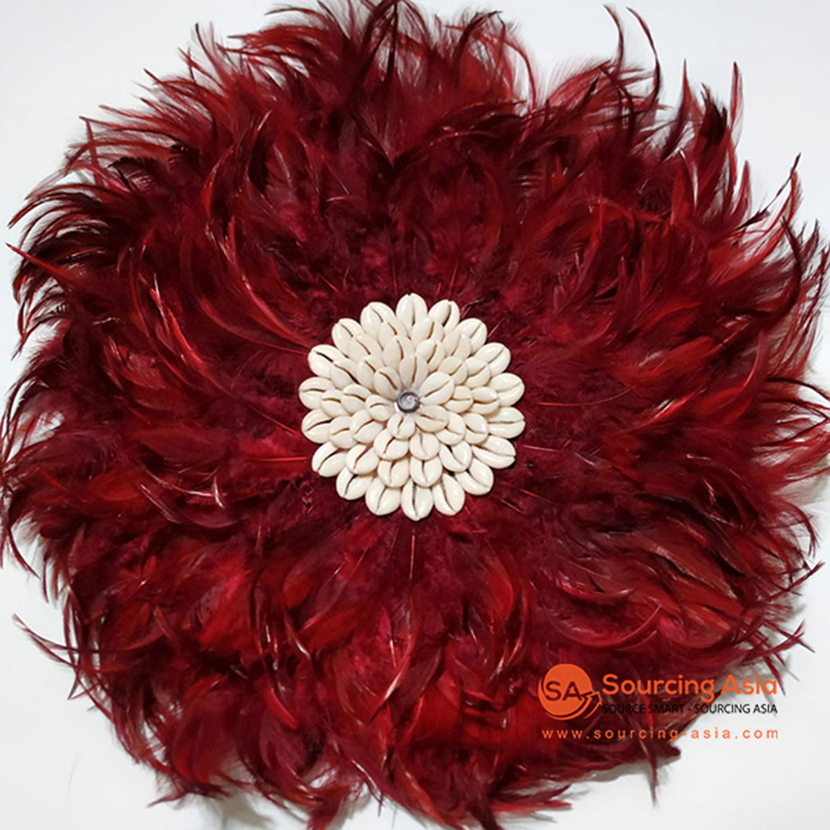 SHL076-7 RED FEATHER AND WHITE COWRIE SHELL JUJU WALL DECORATION