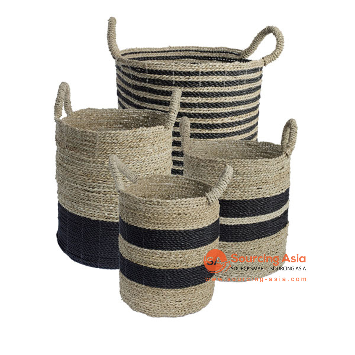 SHL168-6 SET OF FOUR NATURAL AND BLACK SEAGRASS BASKETS WITH HANDLE