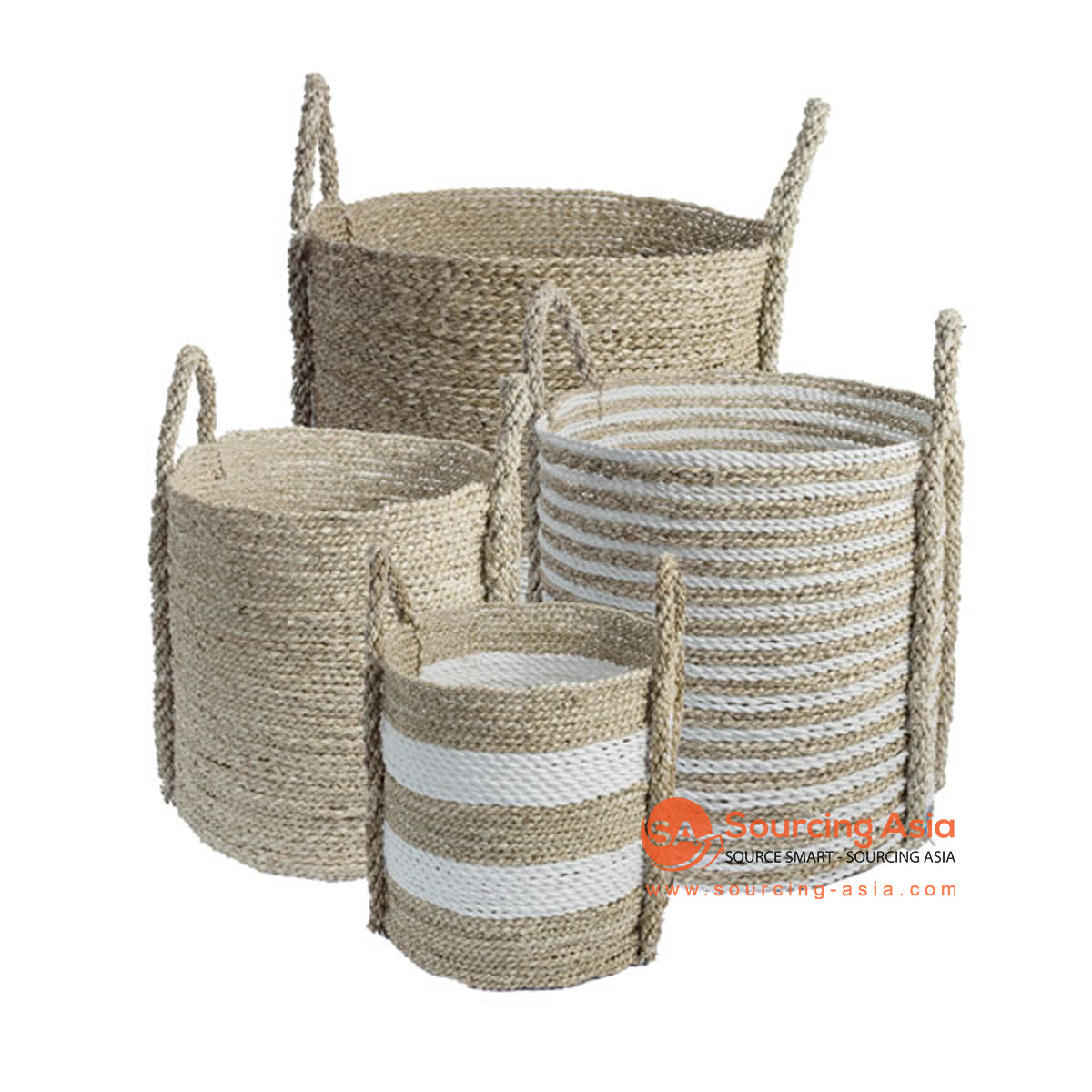 SHL168-7 SET OF FOUR NATURAL AND WHITE SEAGRASS BASKETS WITH HANDLE