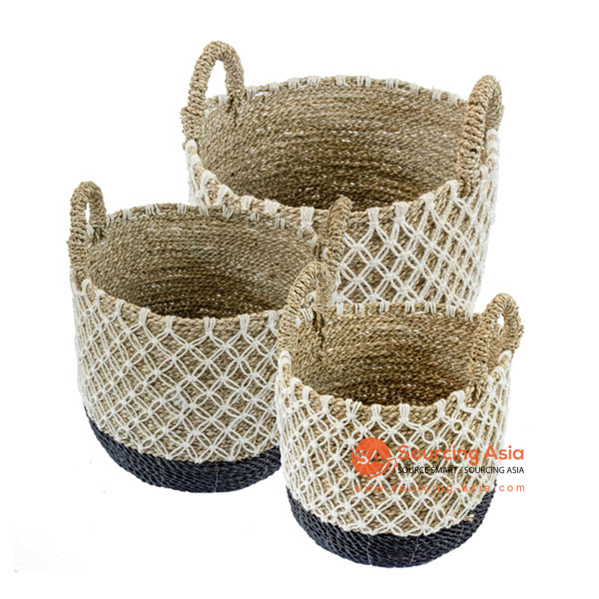 SHL168-9 SET OF THREE NATURAL AND BLACK SEAGRASS BASKETS WITH MACRAME