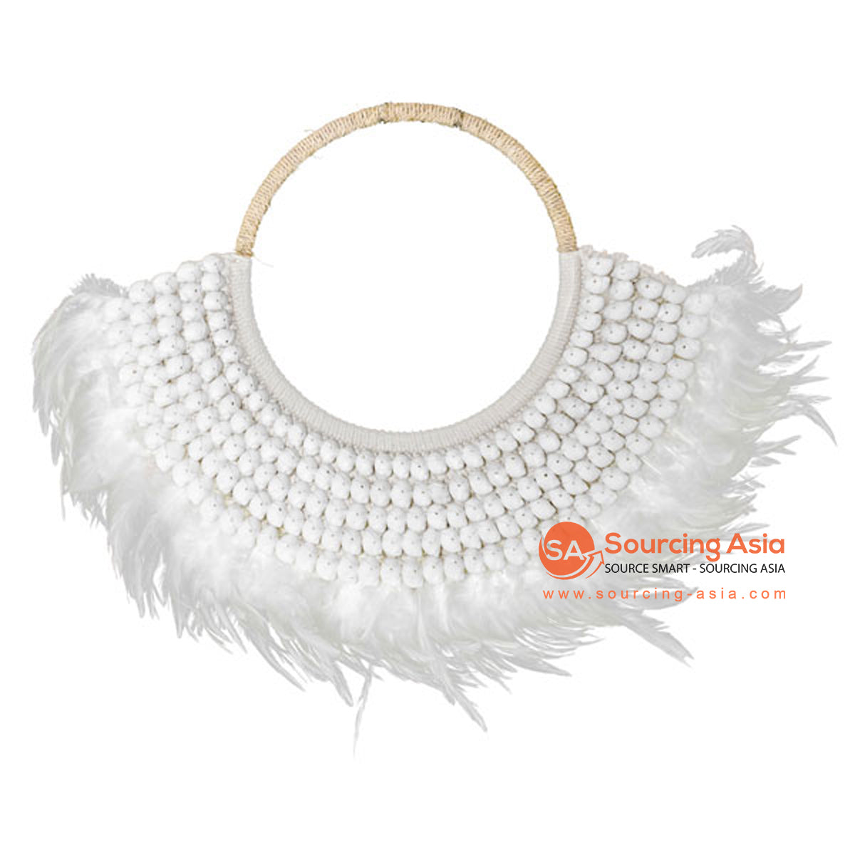 SHL169-16 WHITE FEATHER AND SHELL NECKLACE HANGING WALL DECORATION
