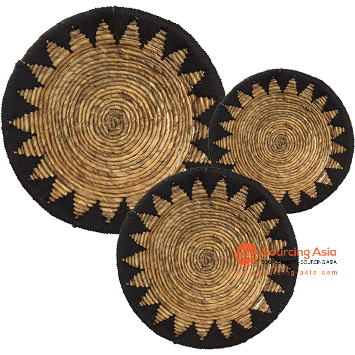 SHL170-16 SET OF THREE BANANA FIBER AND BLACK MACRAME ROUND WALL DECORATIONS