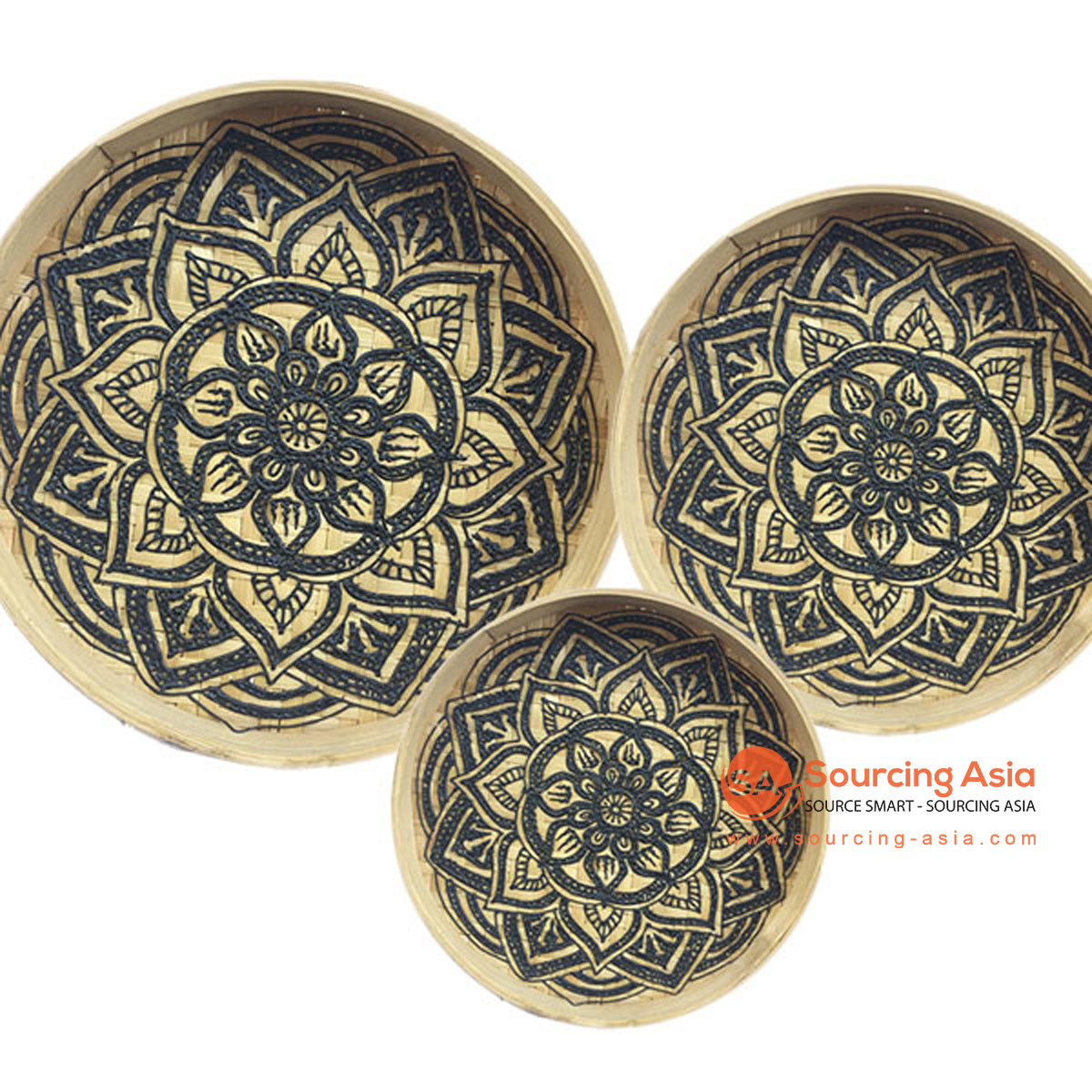 SHL170-24 SET OF THREE NATURAL BAMBOO WITH MANDALA HAND PAINTING WALL DECORATIONS