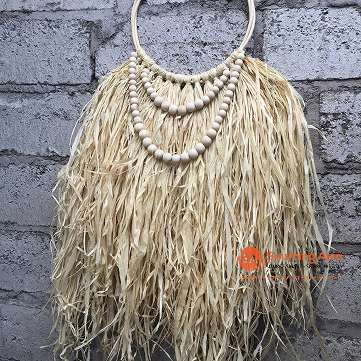 SHL170-2 NATURAL RAFFIA FRINGE AND TIMBER BEADS HANGING WALL DECORATION