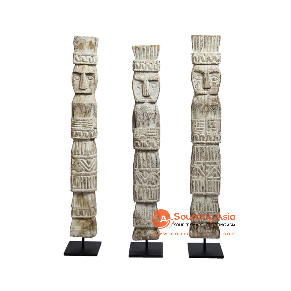 SHL206-5 SET OF THREE WHITE WASH RECYCLED WOOD TRIBAL CARVED MAN STATUE ON STAND DECORATIONS