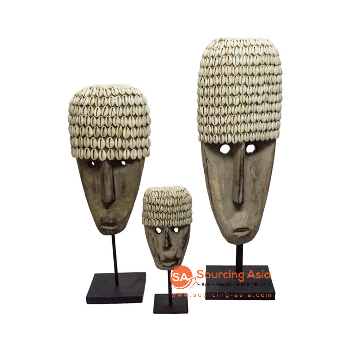 SHL206-6 SET OF THREE ANTIQUE RECYCLED WOOD AND COWRIE SHELL TRIBAL MASK ON STAND DECORATIONS