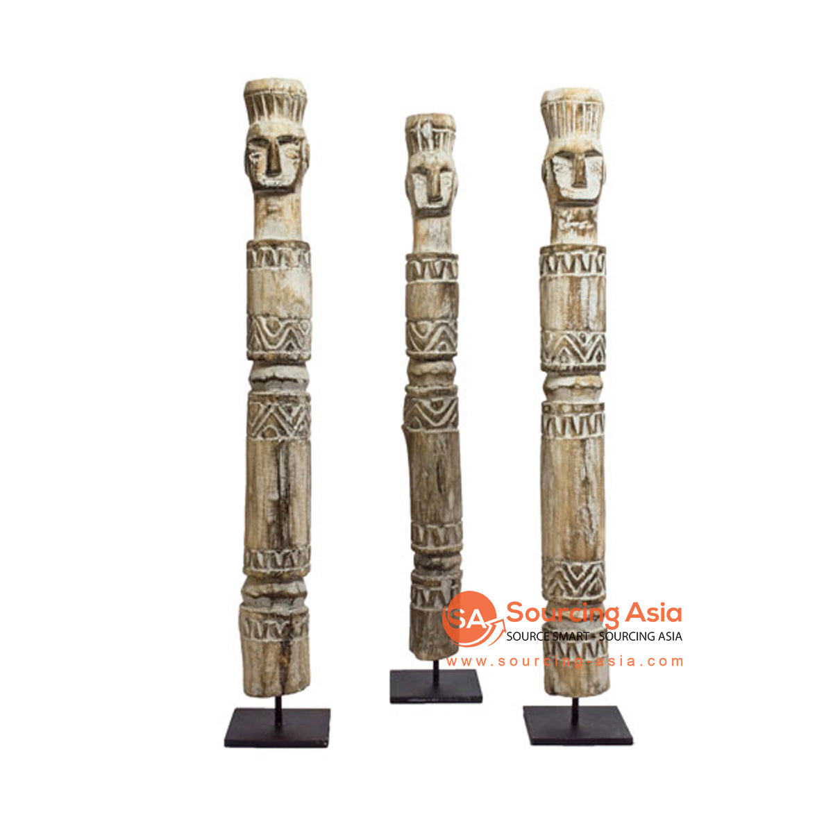 SHL206-7 SET OF THREE ANTIQUE RECYCLED WOOD TRIBAL CARVED MAN STATUE ON STAND DECORATIONS