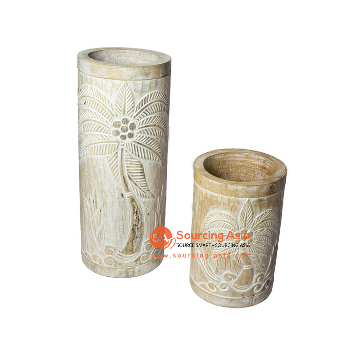 SHL207-3 SET OF TWO WHITE WASH WOODEN VASES WITH PALM TREE CARVING