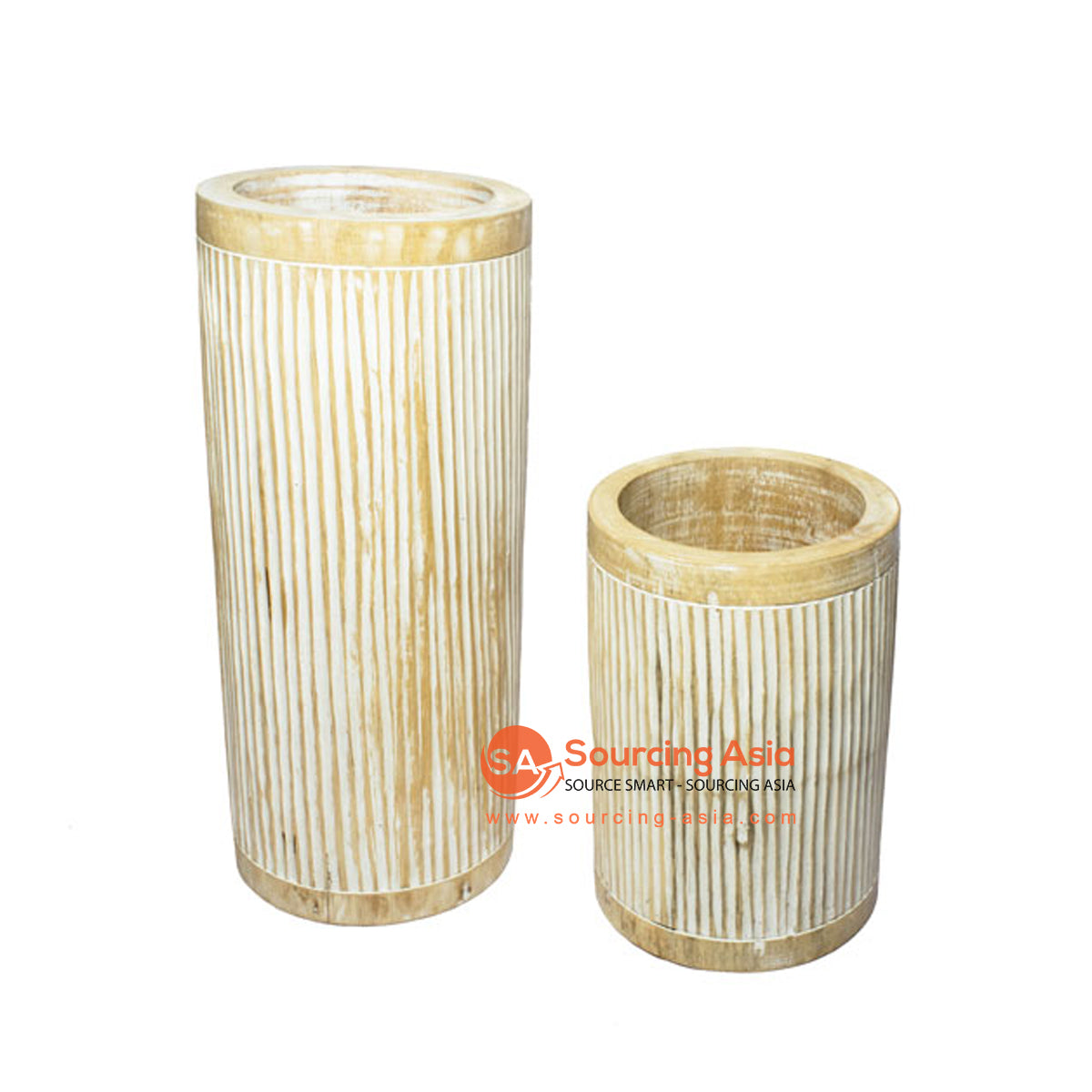 SHL207-4 SET OF TWO WHITE WASH WOODEN VASES WITH CARVING