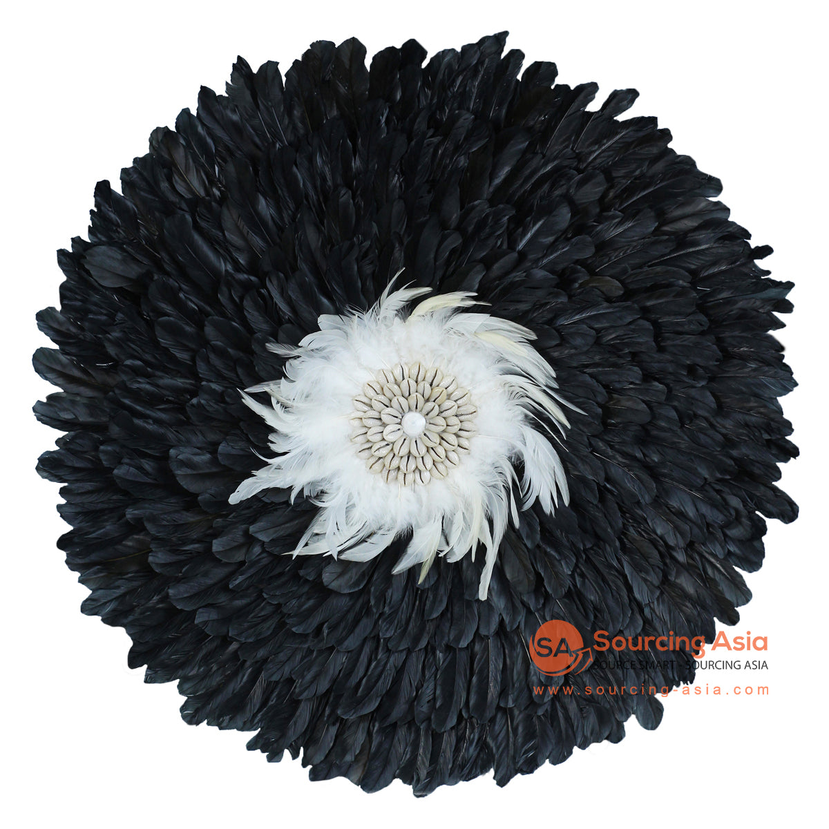 SHL381 BLACK AND WHITE FEATHER WITH COWRIE SHELL JUJU WALL DECORATION