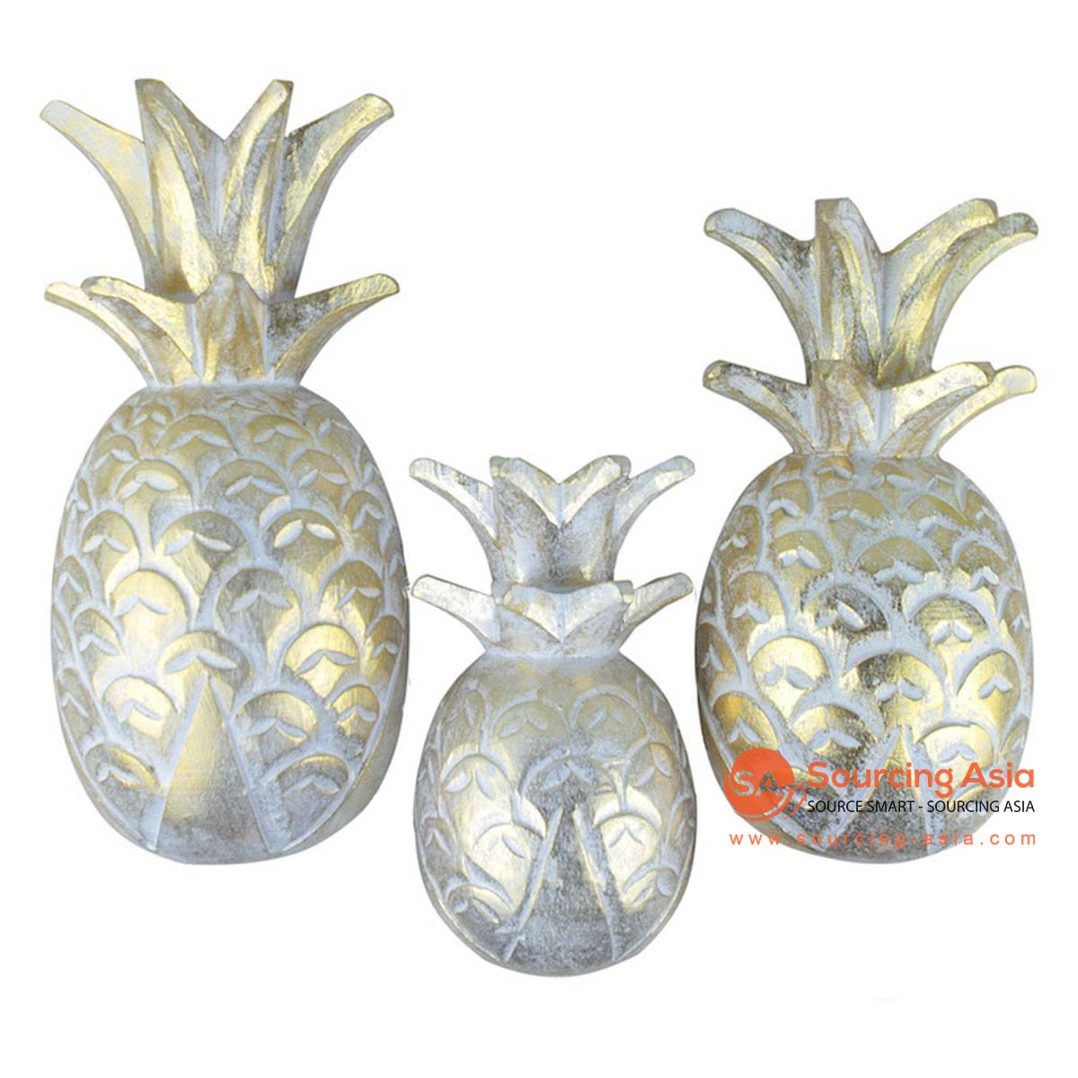 SHL482 SET OF THREE WHITE GOLDEN ALBESIA WOOD PINEAPPLE DECORATIONS