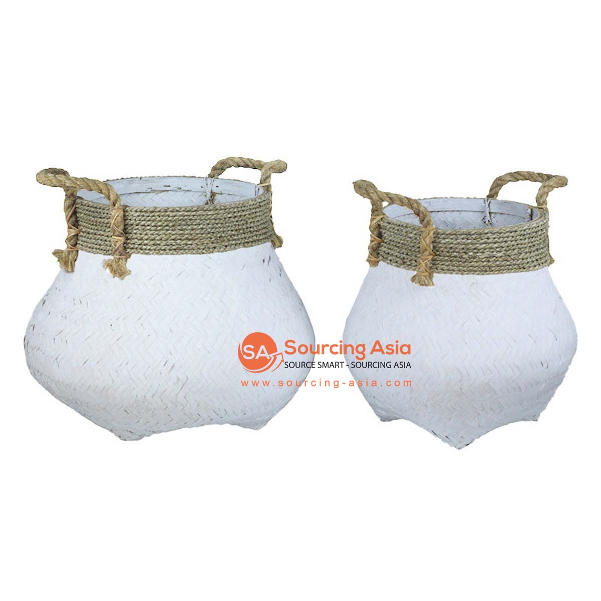 SHL483 SET OF TWO WHITE WASH BAMBOO AND NATURAL PANDANUS BASKETS WITH HANDLE