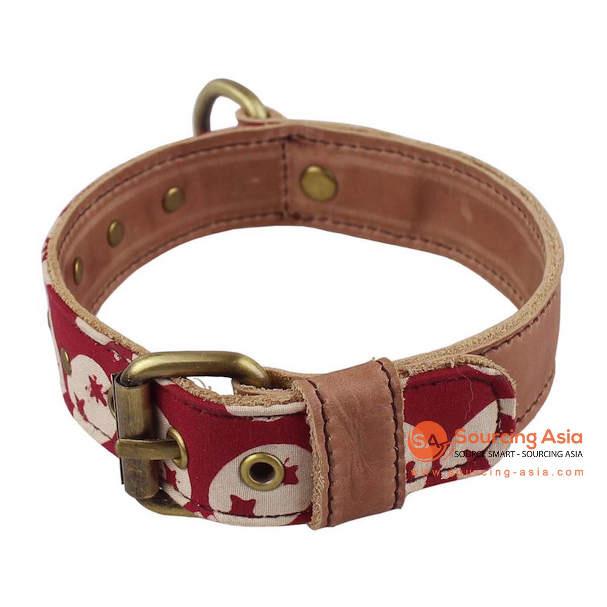 SHL488 RED BATIK PATTERNED LEATHER DOG COLLAR