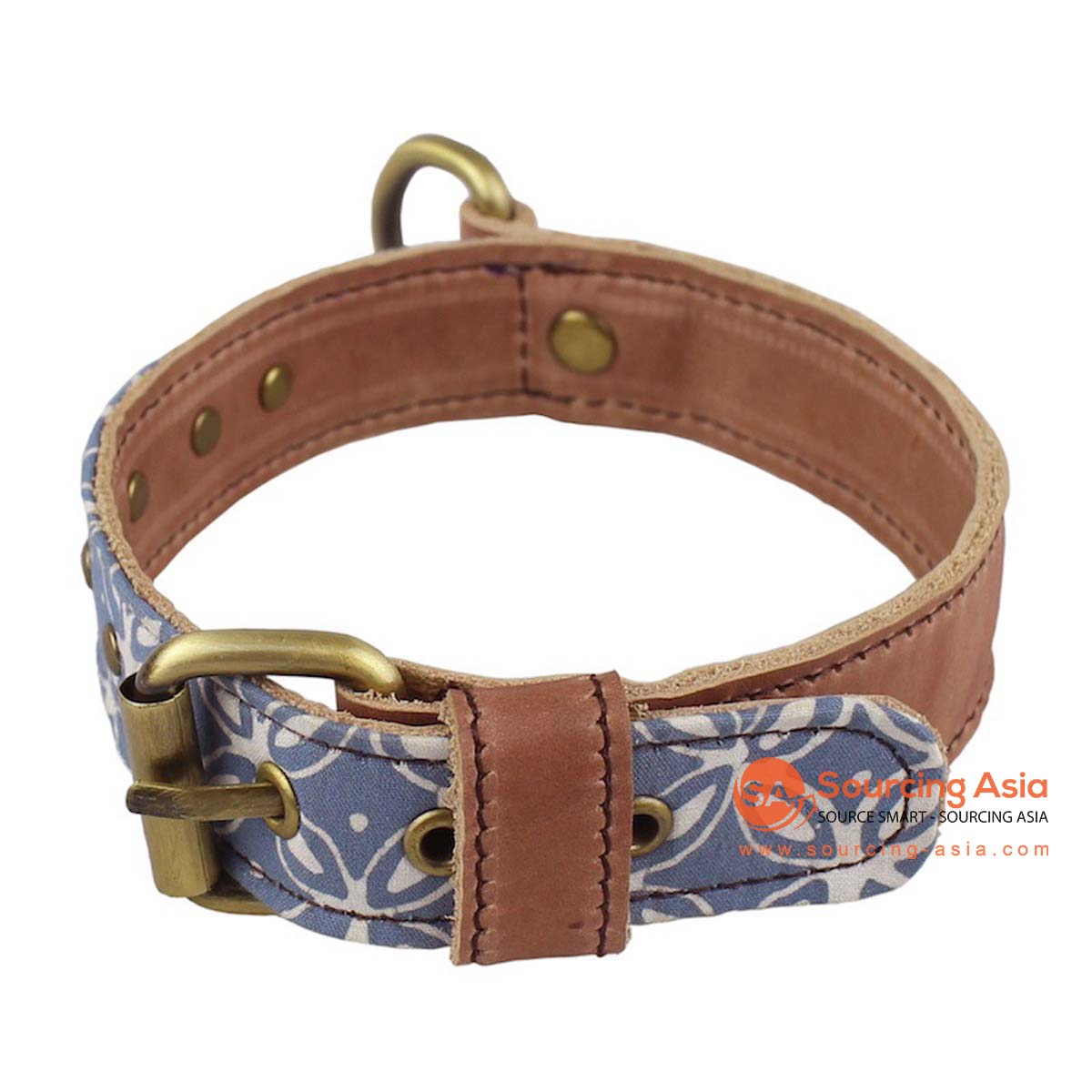 SHL489 BLUE BATIK PATTERNED LEATHER DOG COLLAR