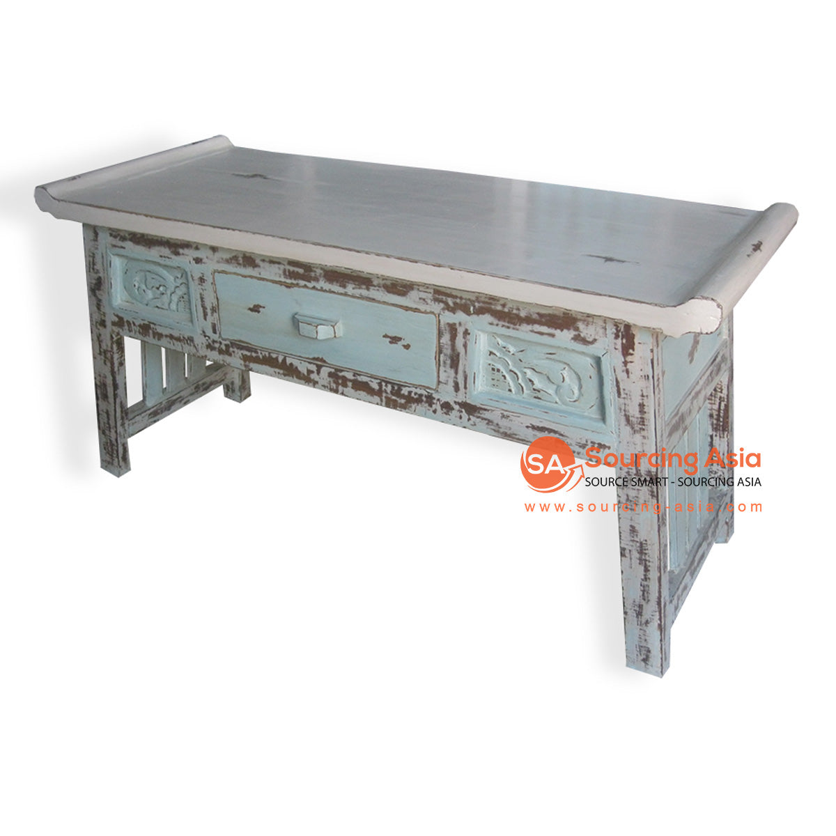 SIX016 TURQUOISE RECYCLED TEAK WOOD ONE DRAWER CARVED CONSOLE