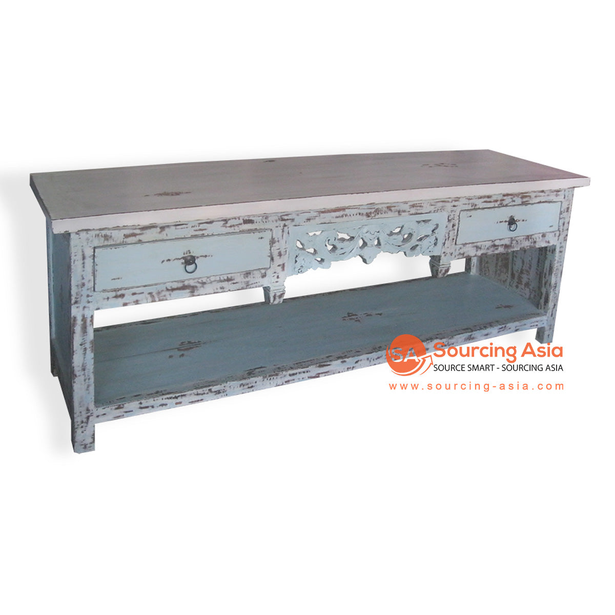 SIX017 TURQUOISE RECYCLED TEAK WOOD TWO DRAWERS AND ONE OPEN SHELF CARVED CONSOLE