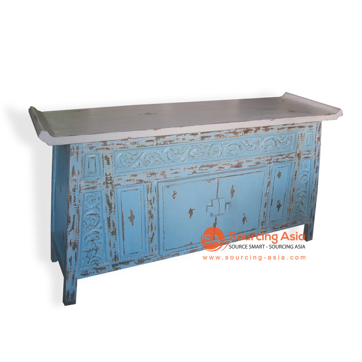 SIX018 ANTIQUE TURQUOISE RECYCLED TEAK WOOD TWO DOORS CARVED BUFFET