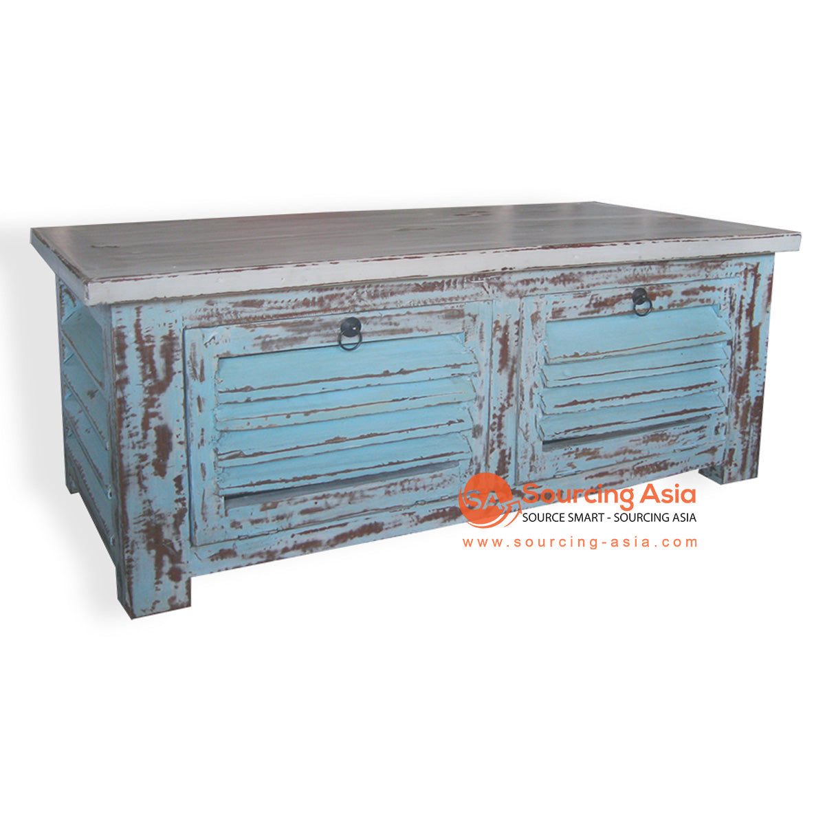 SIX025 ANTIQUE TURQUOISE RECYCLED TEAK WOOD TWO DRAWERS COFFEE TABLE
