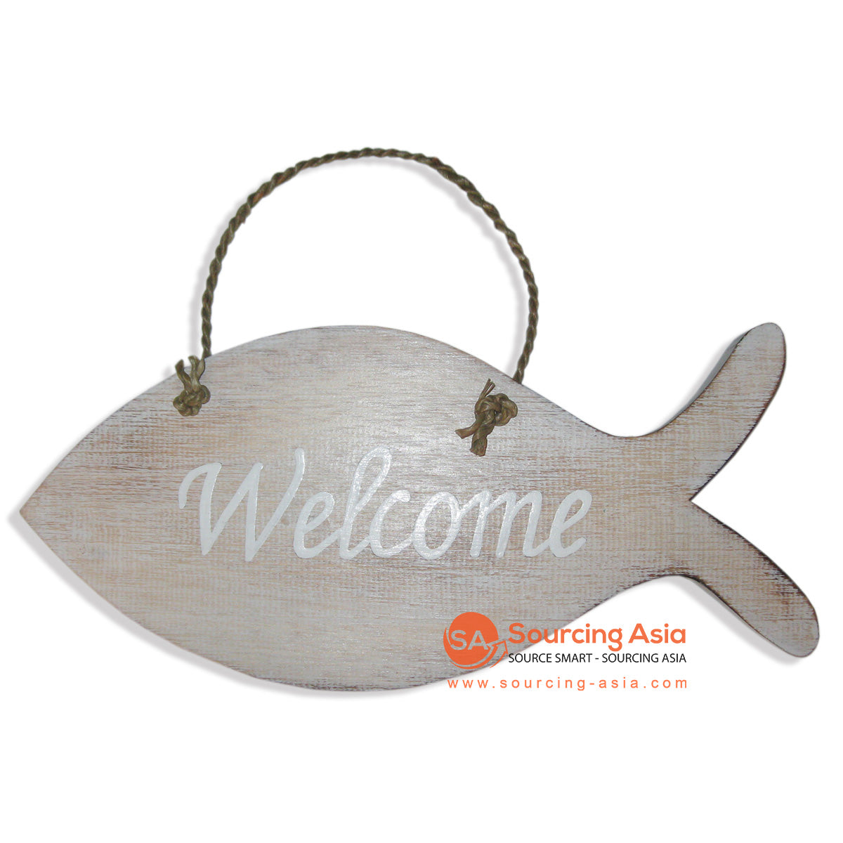 SKB007-35A NATURAL AND LIGHT WHITE WASH WOODEN FISH WITH "WELCOME" SIGN