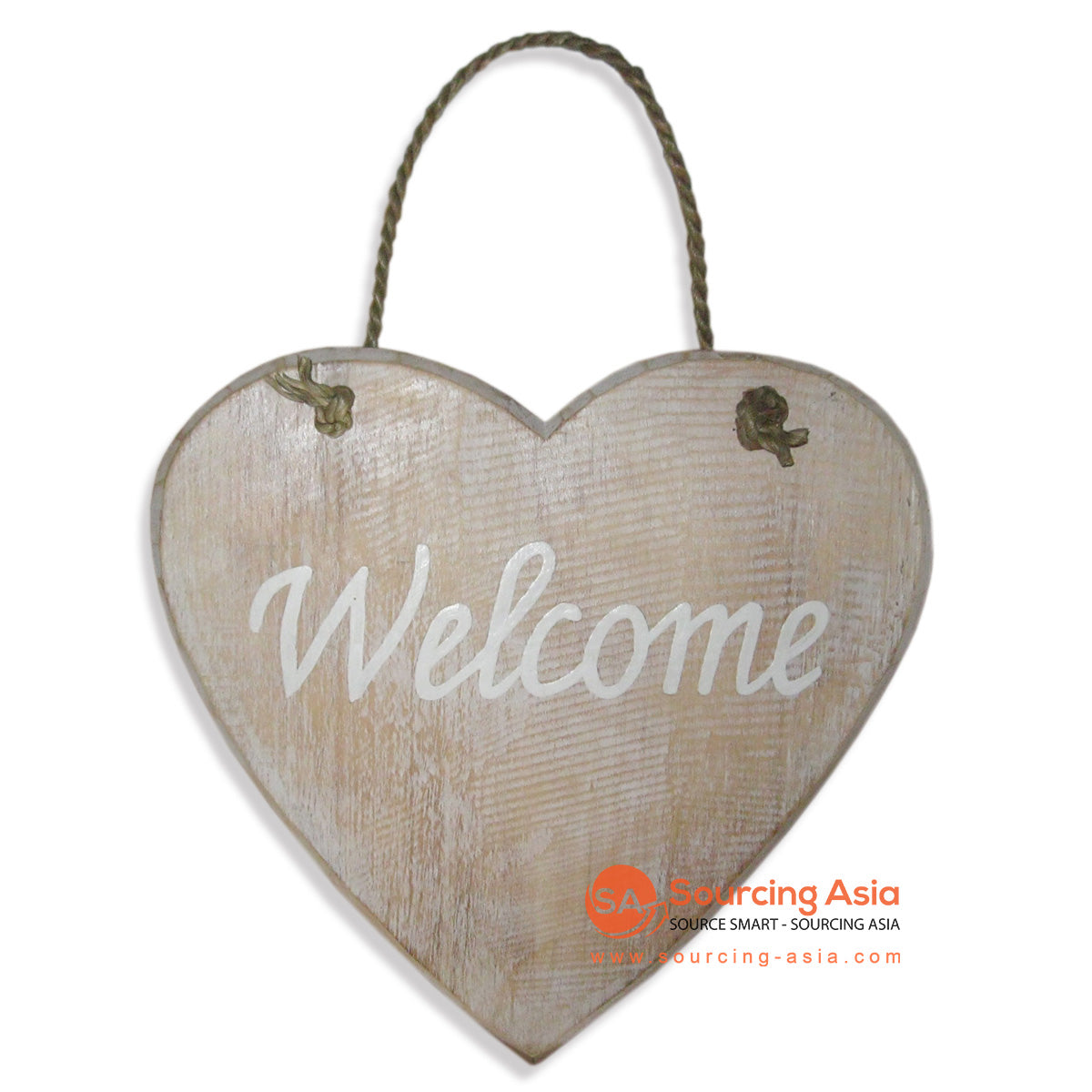 SKB008-26A NATURAL AND LIGHT WHITE WASH WOODEN HEART WITH "WELCOME" SIGN