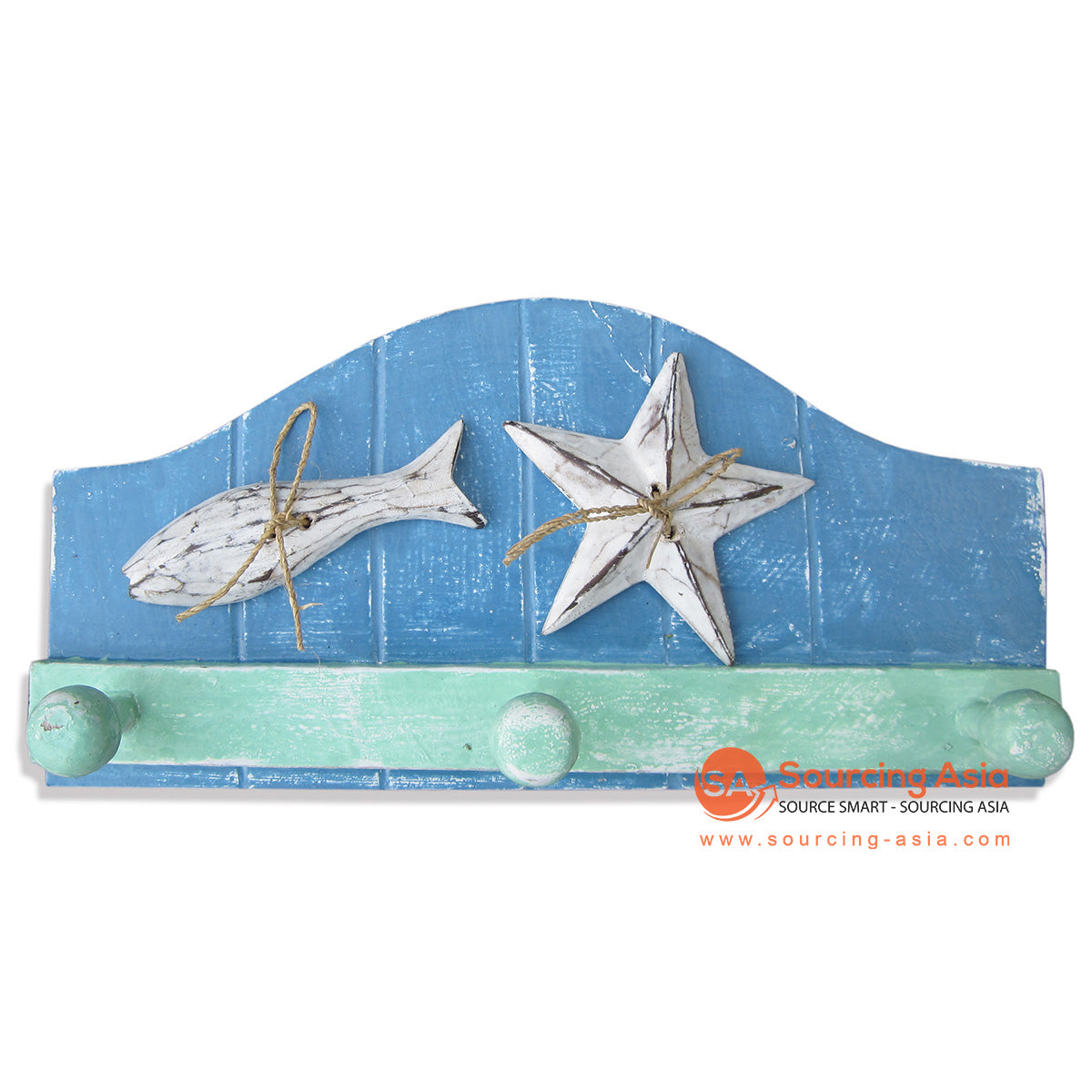 SKB015BL BLUE AND LIGHT WHITE WASH WOODEN HANGER WITH THREE HOOKS AND FISH AND STARFISH ORNAMENT