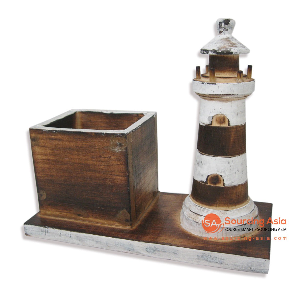 SKB029 NATURAL AND WHITE WOODEN PENCIL BOX WITH LIGHTHOUSE DECORATION