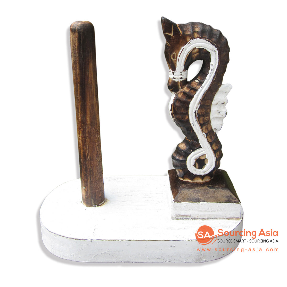 SKB031 NATURAL AND WHITE WOODEN TISSUE HOLDER WITH SEA HORSE DECORATION