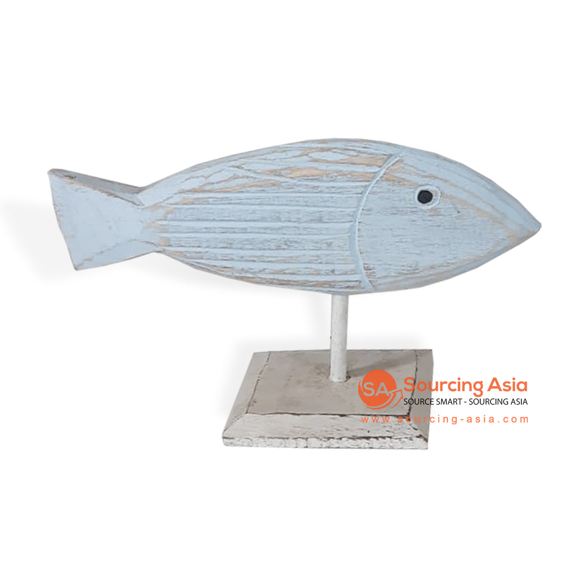 SKH006-1 BLUE AND WHITE WASH WOODEN FISH ON STAND DECORATION