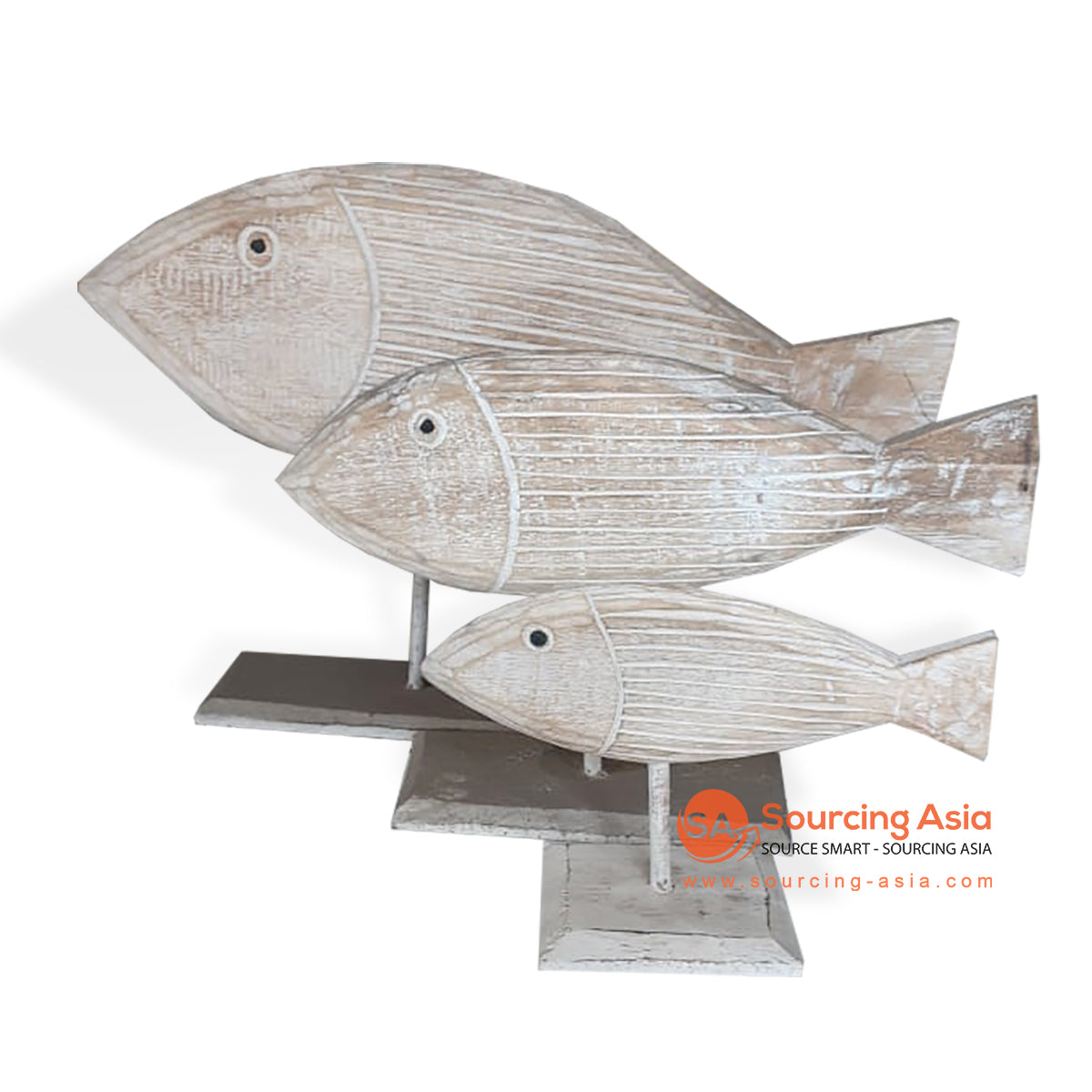 SKH009 SET OF THREE WHITE WASH WOODEN FISH ON STAND DECORATIONS