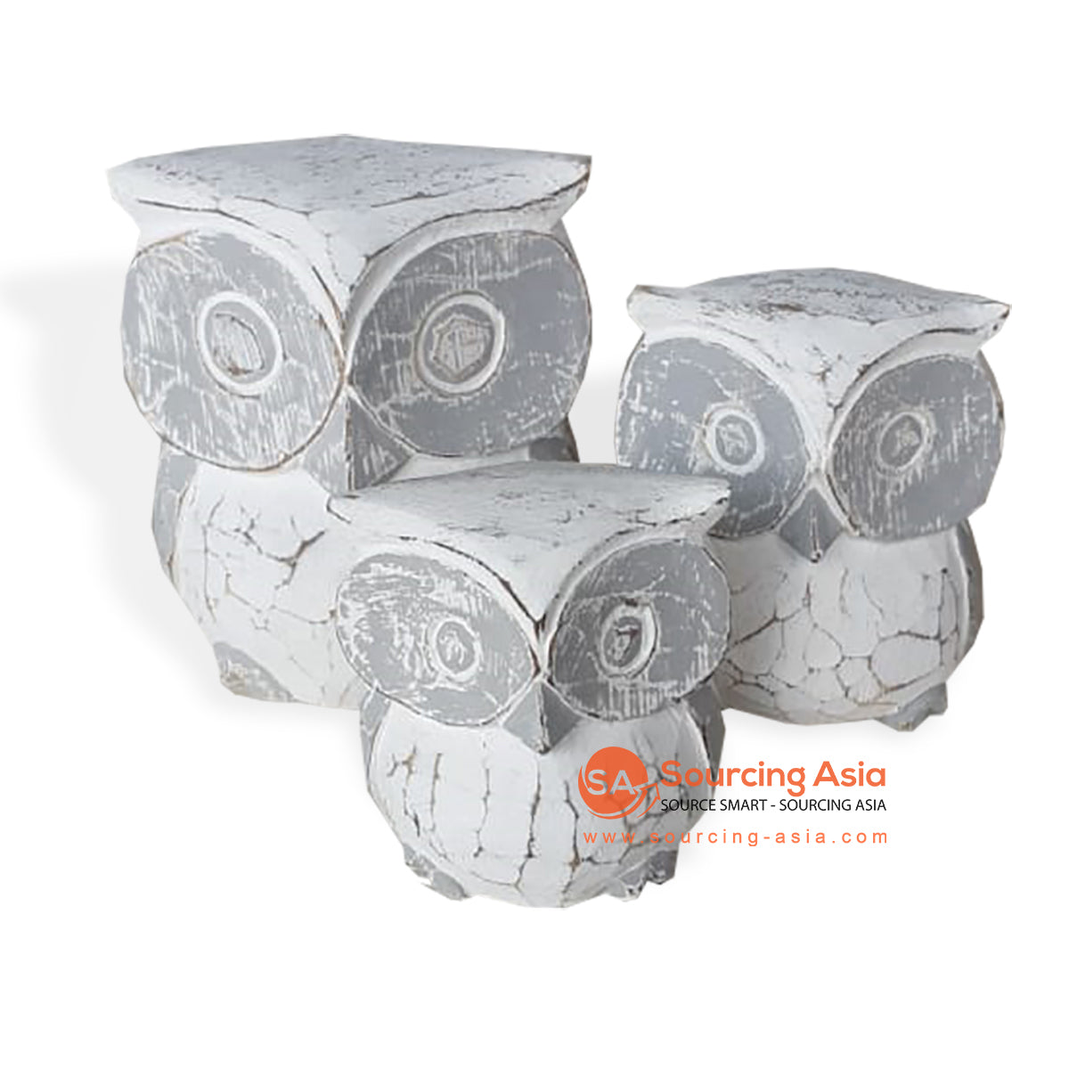 SLG001 SET OF THREE WHITE WOODEN OWL DECORATIONS