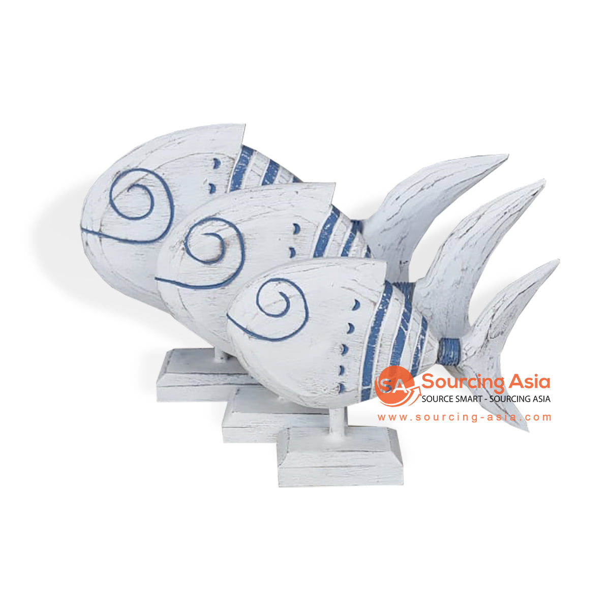 SLG016 SET OF THREE WOODEN FISH ON STAND DECORATIONS