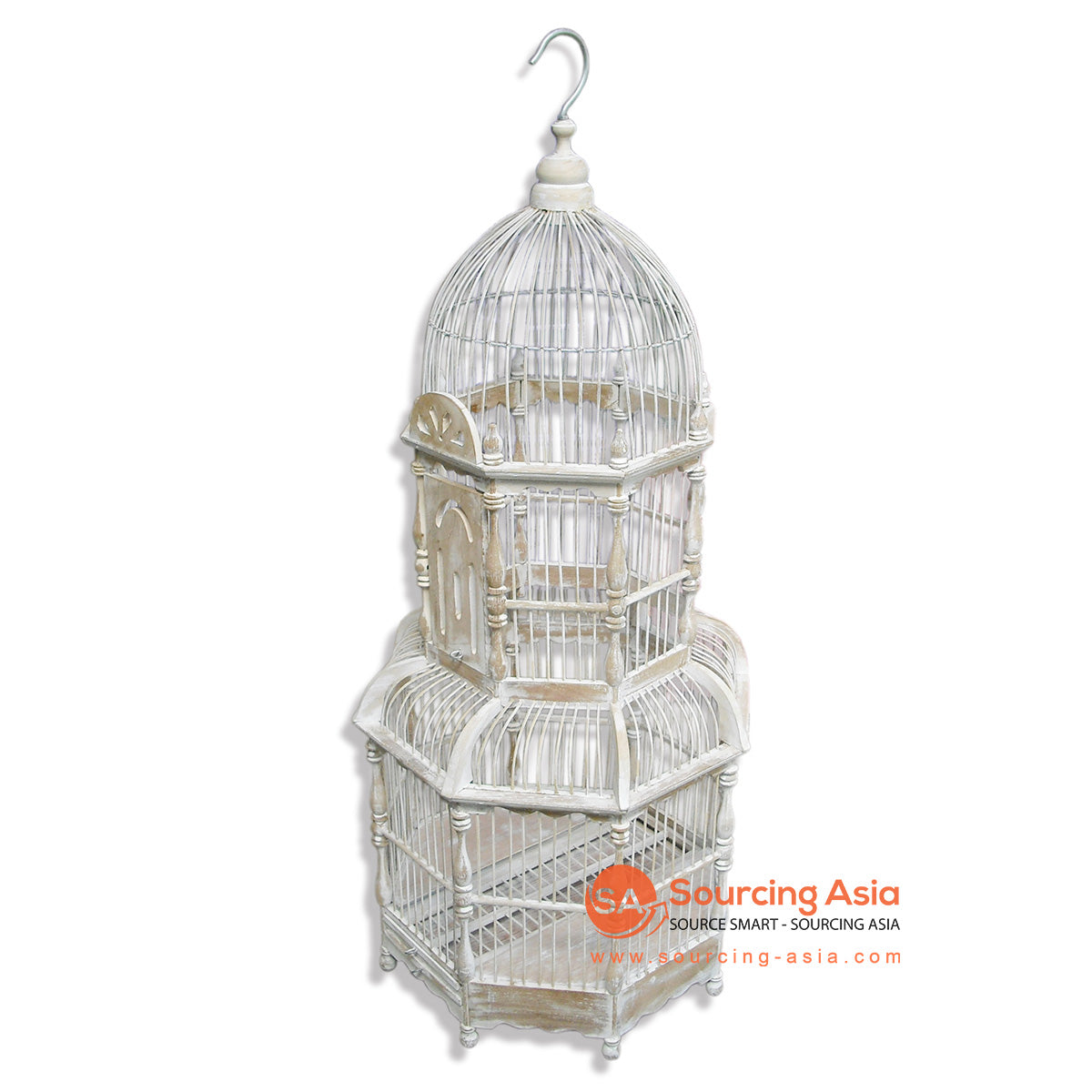 SM028 WHITE WASH WOODEN BIRD CAGE WITH PAGODA SHAPE
