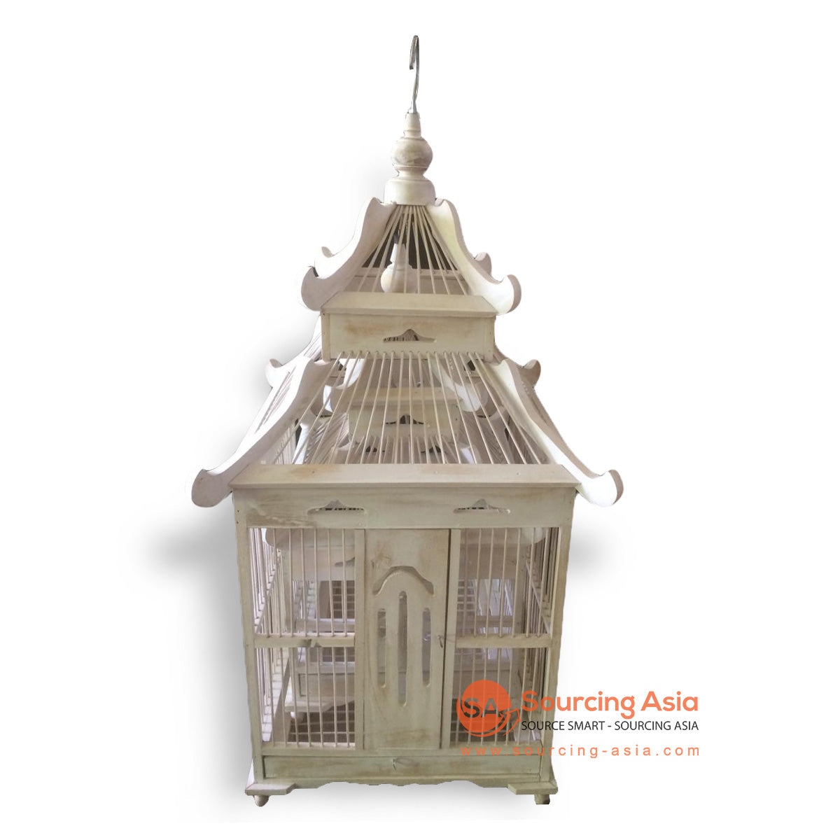 SM053-1 SET OF TWO WHITE WASH WOODEN BIRD CAGES WITH PAGODA SHAPE
