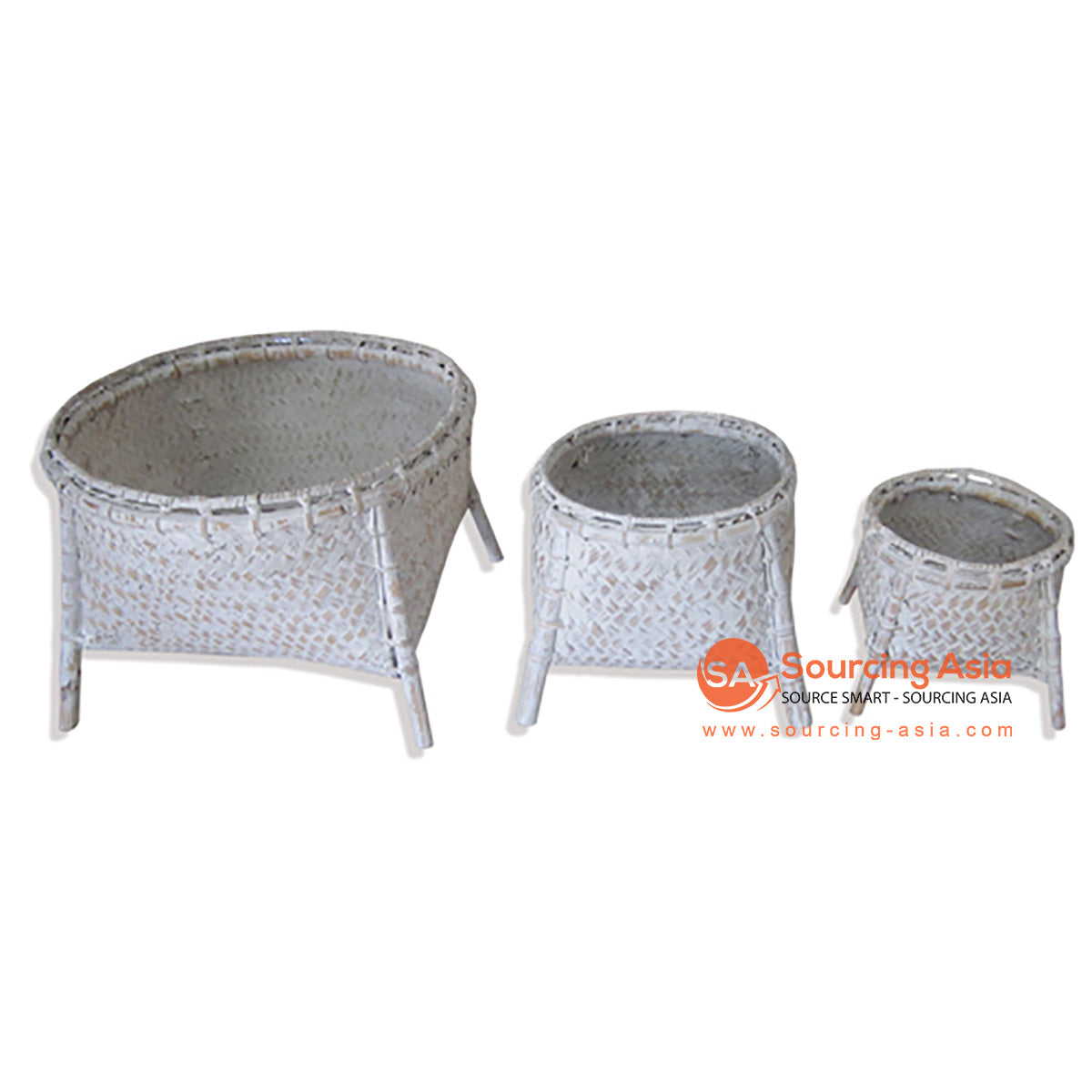 SOP018 SET OF THREE WHITE WASH BAMBOO BASKETS WITH LEGS