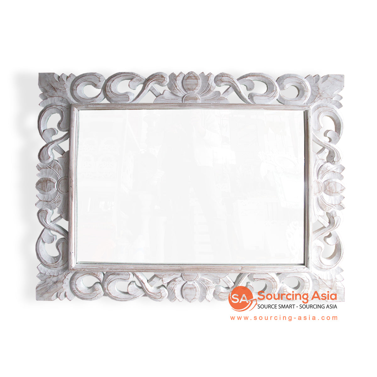 SSU012-110 WHITE WASH WOODEN CARVED MIRROR WITH 5MM GLASS BAVEL