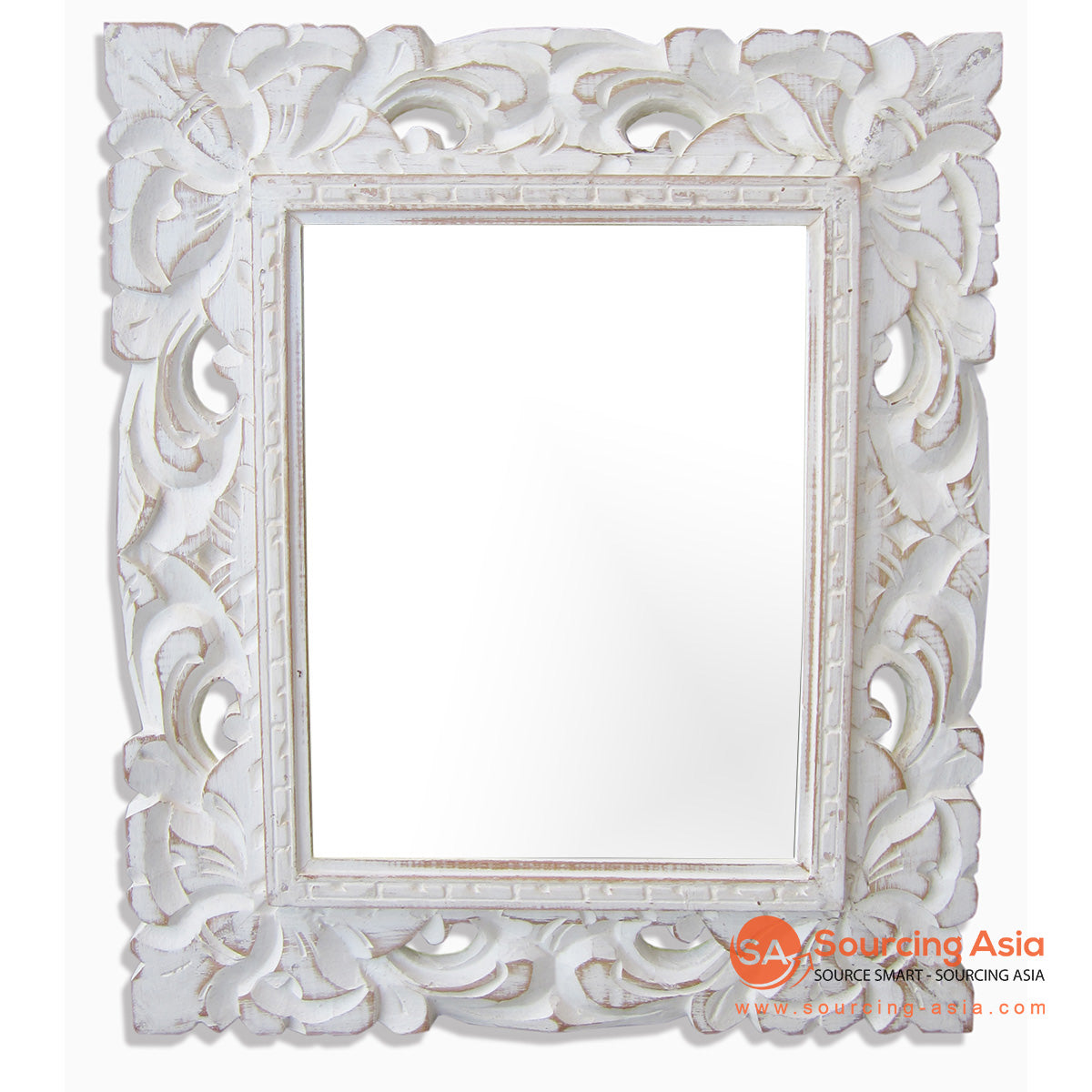 SSU022WW-33X38 WHITE WASH WOODEN MIRROR WITH CARVING