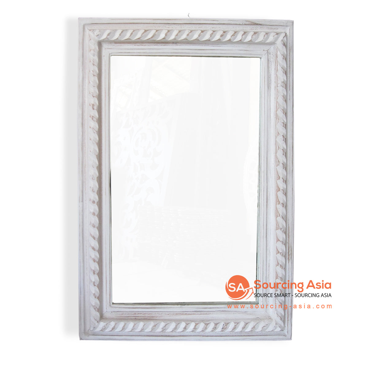 SSU050-60WW WHITE WASH WOODEN MIRROR WITH CARVING