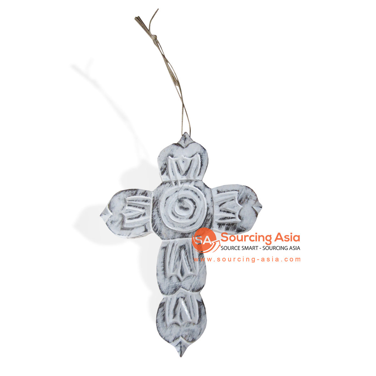 SUMAR066 WHITE WASH WOODEN CARVED CROSS DECORATION