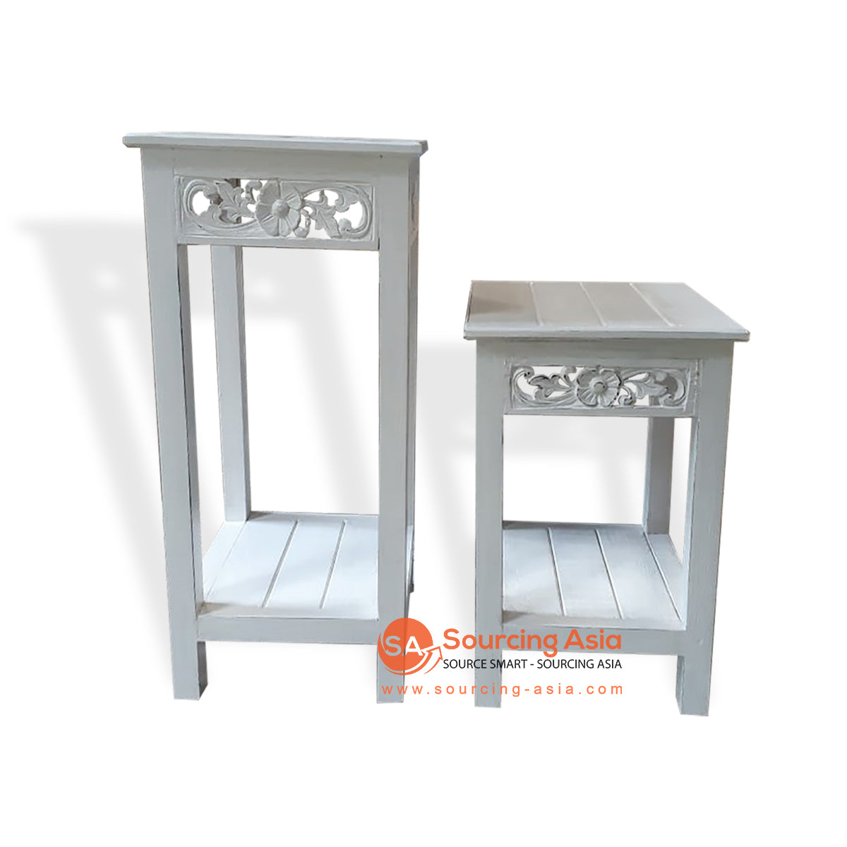 THE007-4 SET OF TWO WHITE WASH WOODEN CONSOLE TABLES