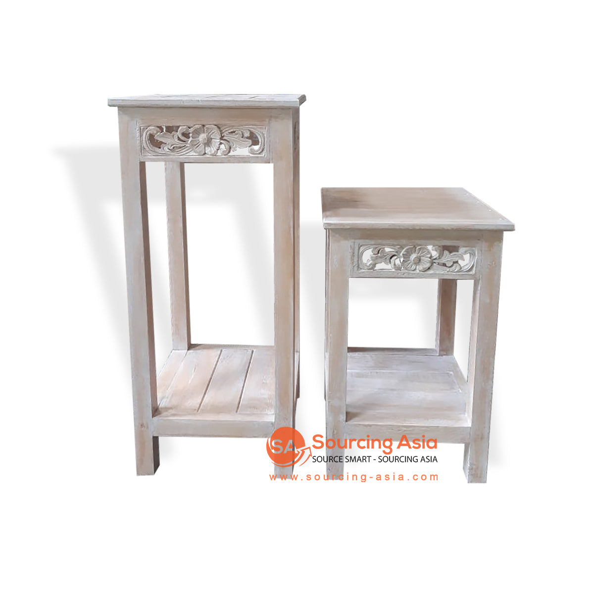 THE007-5 SET OF TWO BROWN WASH WOODEN CONSOLE TABLES