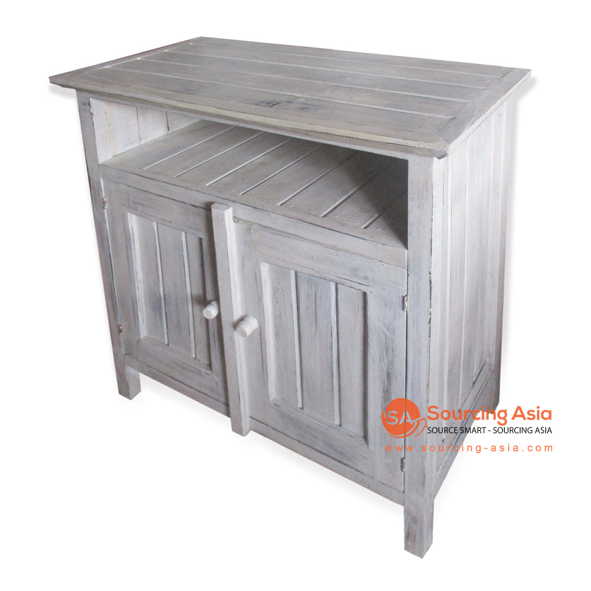 THE028-3 WHITE WASH WOODEN TV TABLE WITH A SHELF AND TWO CABINETS