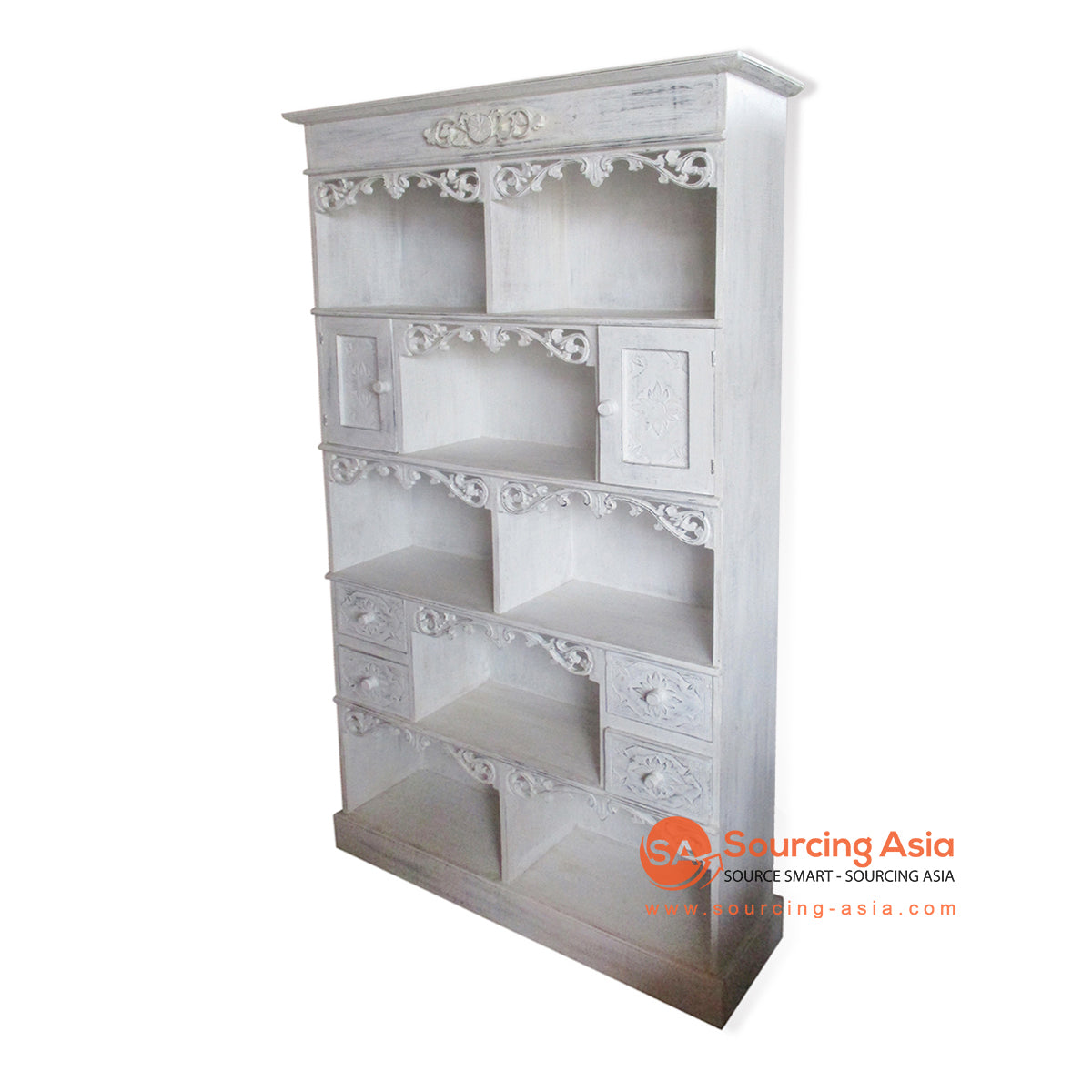 THE030WW WHITE WASH WOODEN RACK DISPLAY WITH 8 SLOTS, 4 DRAWERS AND 2 DOORS