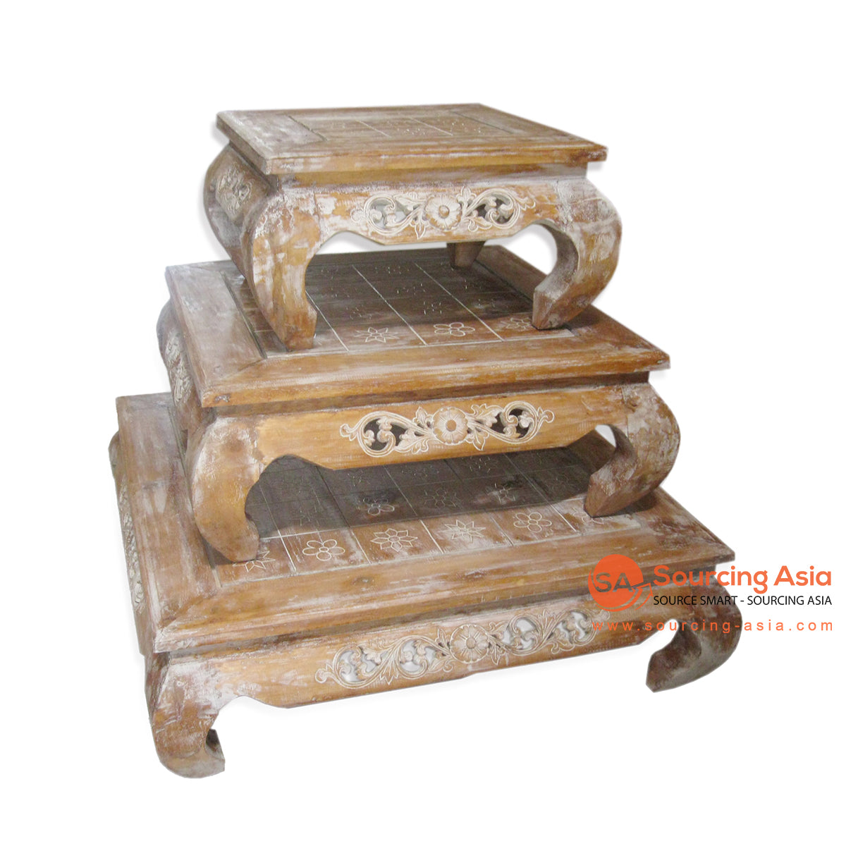 THE031SET SET OF THREE BROWN WASH WOODEN OPIUM TABLES