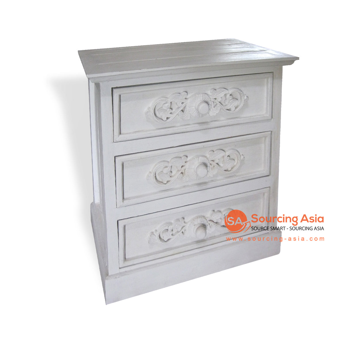 THE037 WHITE WASH WOODEN SIDE TABLE WITH THREE DRAWERS