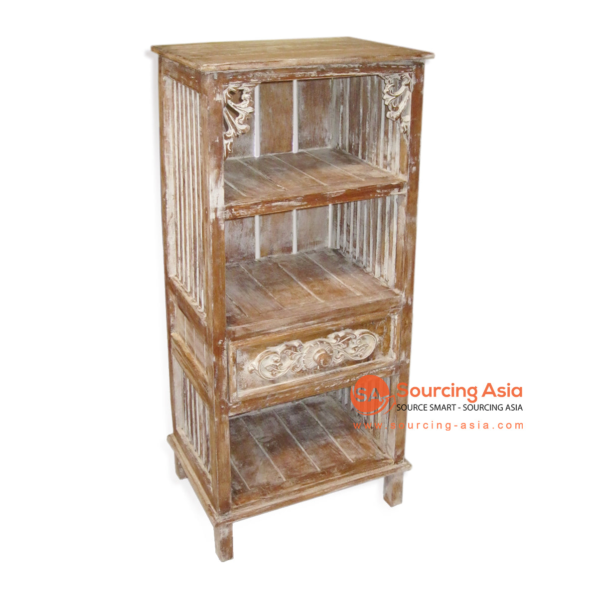 THE046-1 BROWN WASH WOODEN RACK WITH A DRAWER AND THREE SLOTS